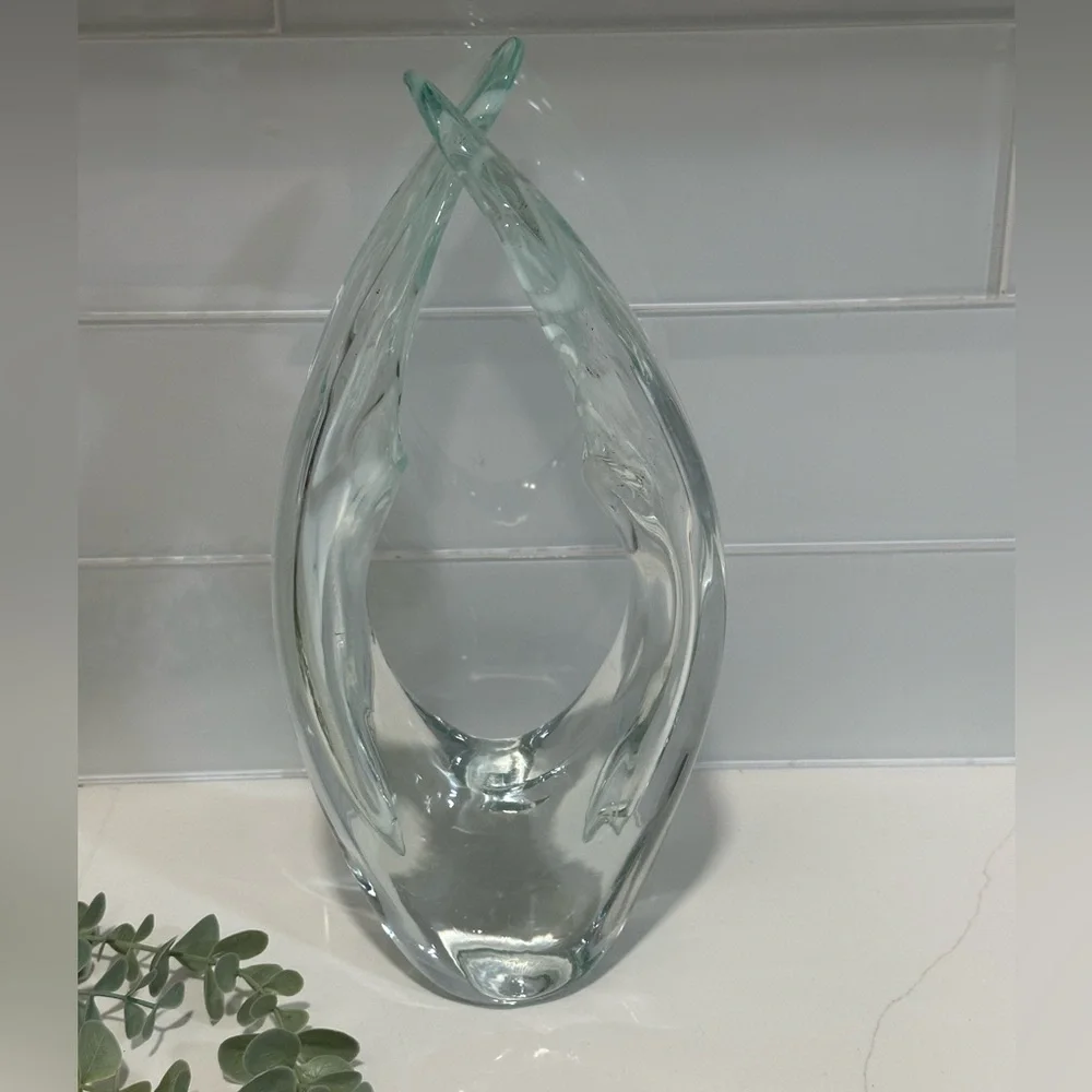 Modern Blown Glass Art Vase Clear And White Heavy 12” Vase